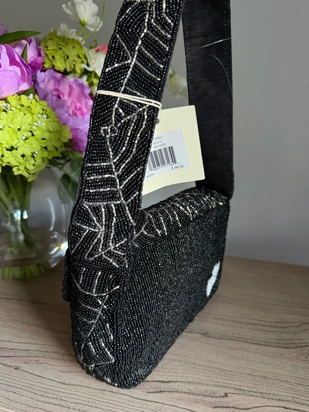 Viral Black Beaded Ghost Motif Halloween spider web Shoulder Bag sol & mer